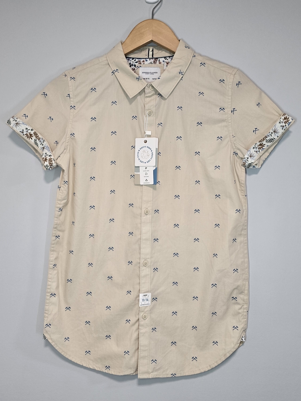 Denim & Flower Ricky Singh Kid's Short-Sleeve Button-Up Shirt in Beige